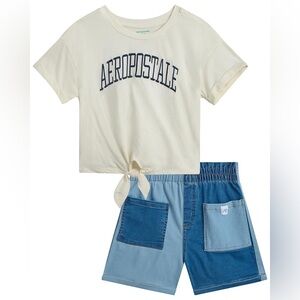 Aeropostale Cream Tie-Front Tee and Blue Denim Shorts Set